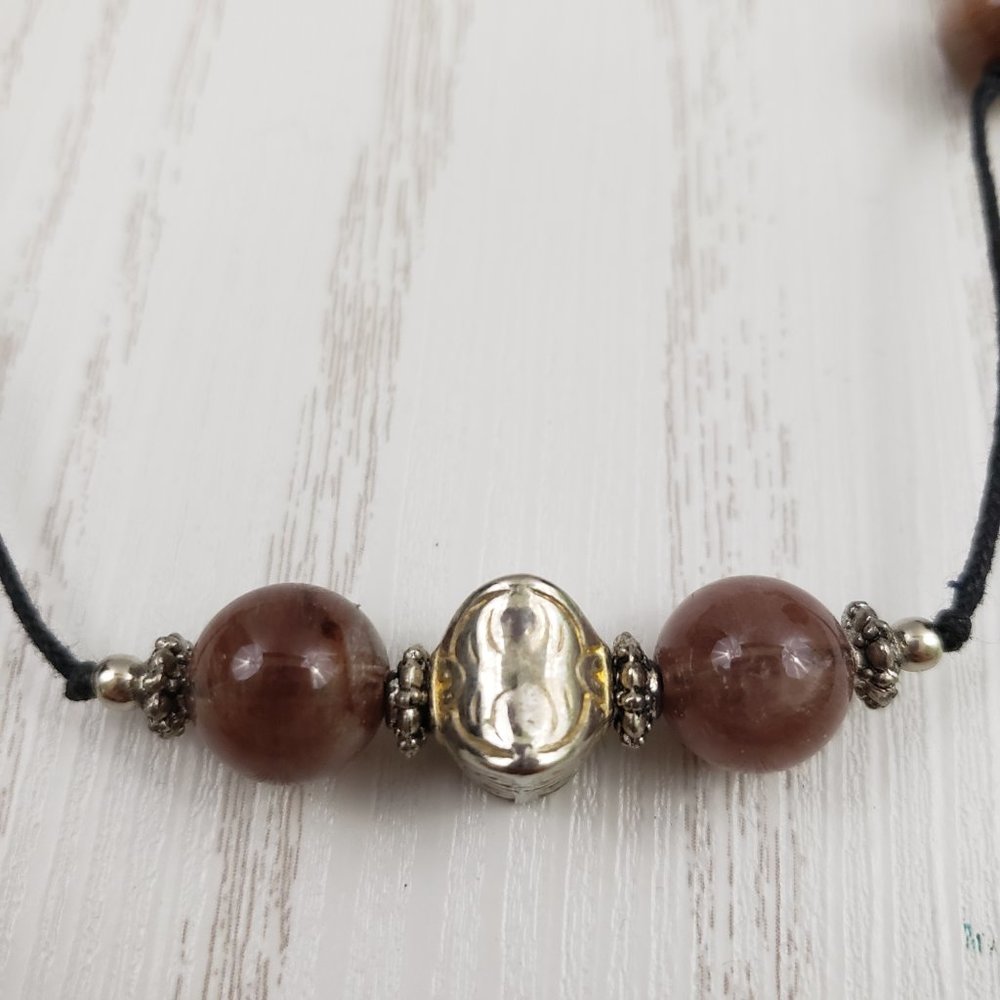 Brown Glass Silver Tone Bead Station Cord Necklace - Picture 3 of 5